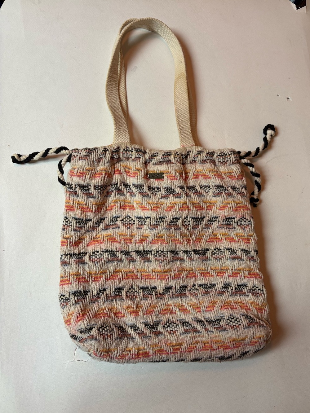 Roxy Cream Woven Tote with Pink Orange and Black Accents